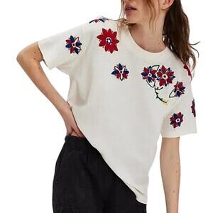 Free People MEDIUM Petal Stitch Floral Embroidered Tee NWT